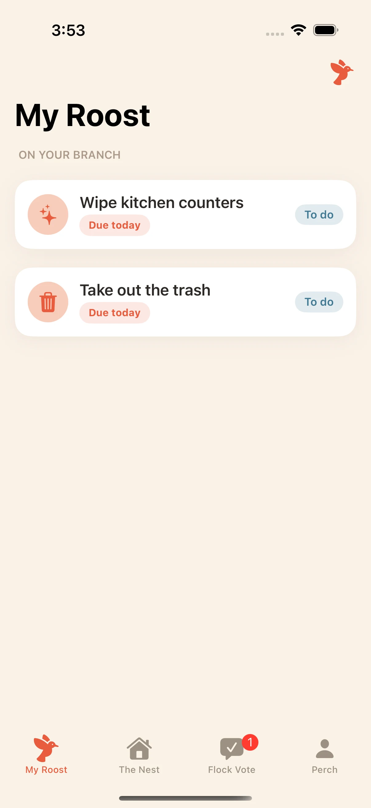 My Roost — today's assigned chores in Room Robin